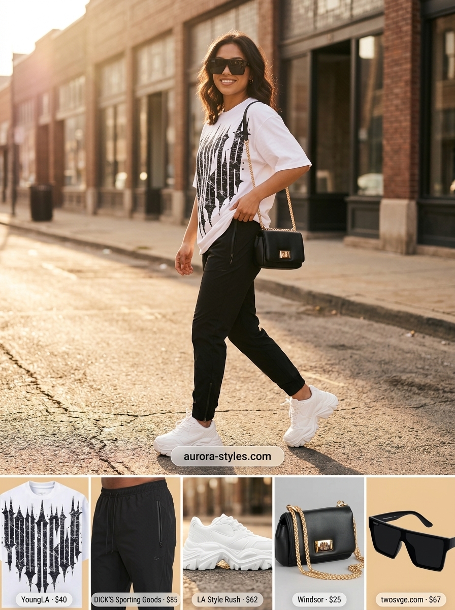 Casual summer pants for women 2026 outfit: light wash denim pants, graphic tee, and chunky sneakers for a retro vibe.