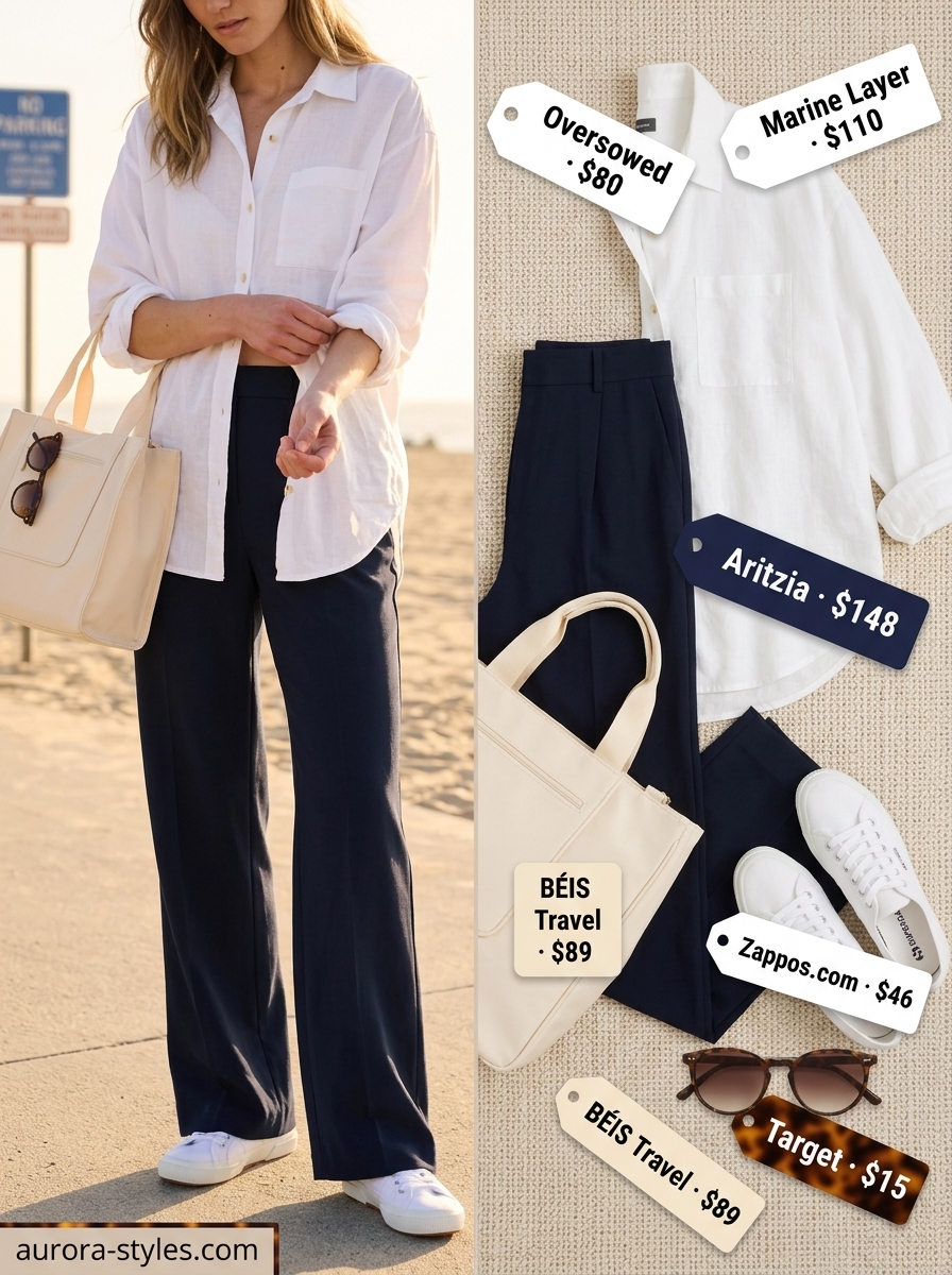 Weekend linen shorts set for women 2026, styled with sneakers and a tote bag.