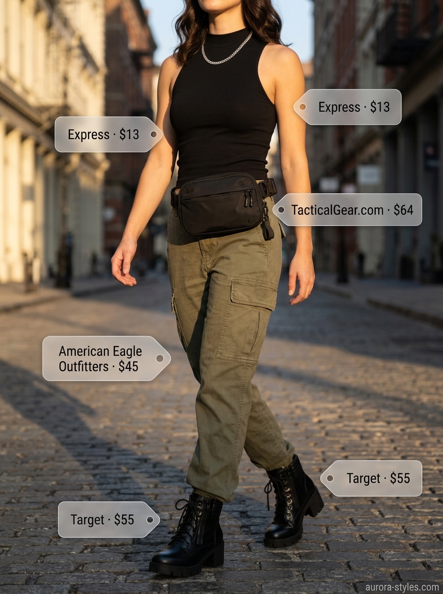 Edgy urban explorer outfit with olive green cargo summer pants for women 2026, fitted mock neck top, and combat boots.