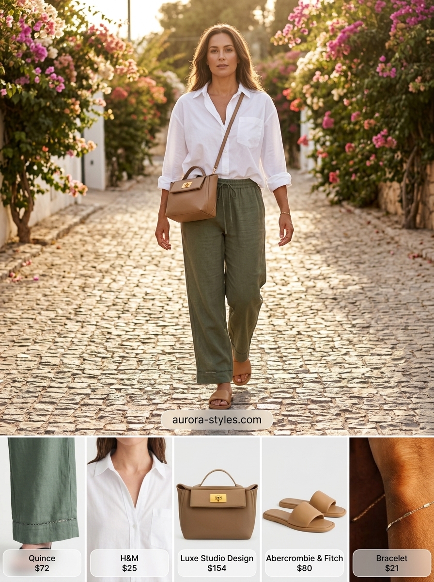 Chic and comfortable outfit with olive green wide-leg summer pants for women 2026, oversized white shirt, and leather slides.