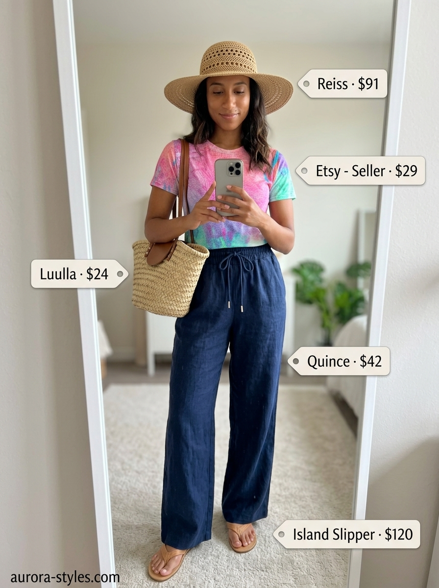 Vacation ready outfit with teal abstract print tee and straw accessories. No pants shown.