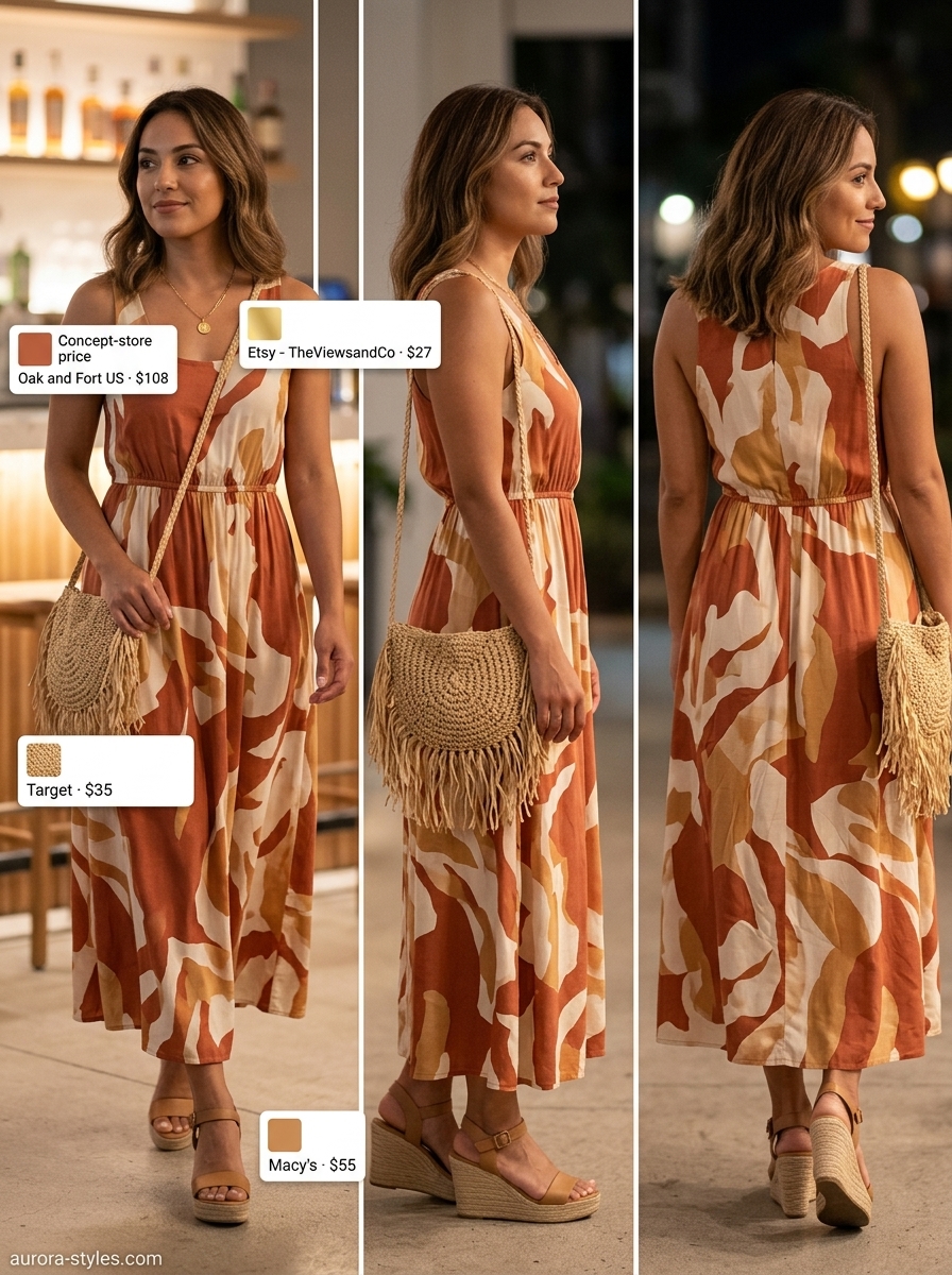 Terracotta abstract print maxi dress with straw accessories for a bohemian summer party outfit for women 2026.