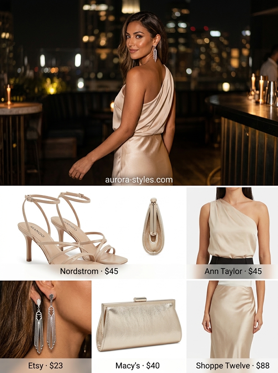 Champagne silk slip skirt, black one-shoulder top, and silver sandals for a chic summer party outfit for women 2026.