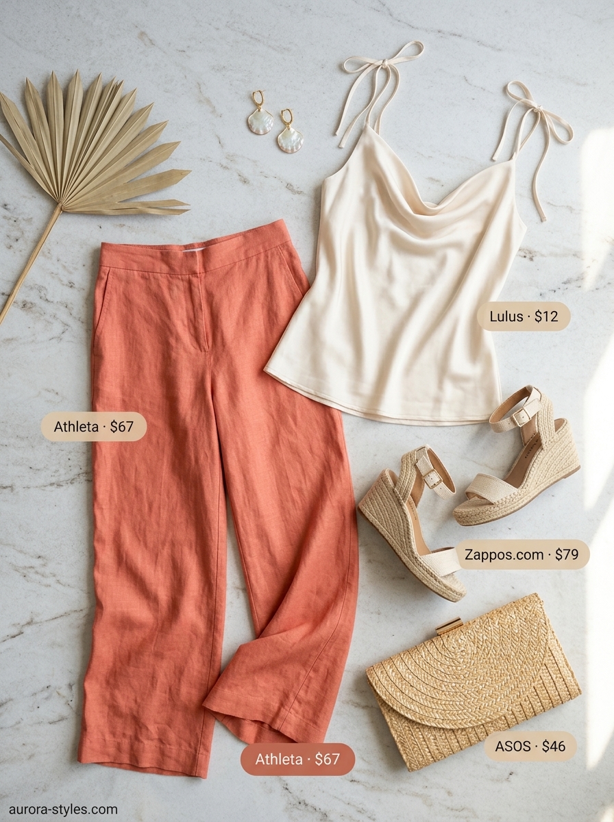Relaxed glam summer party outfit for women 2026: Coral linen pants, cream camisole, espadrille wedges.