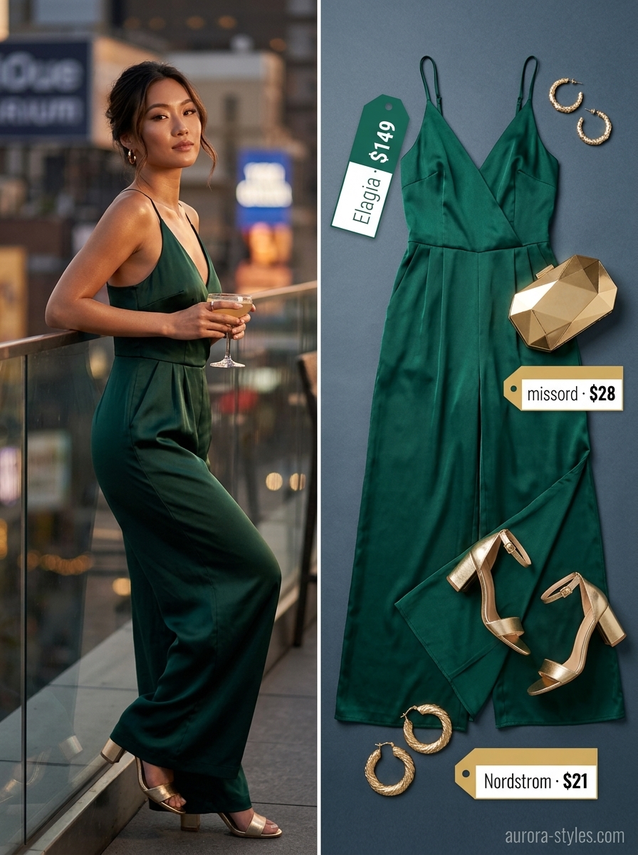 Emerald green satin jumpsuit with gold accessories for a modern summer party outfit for women 2026.