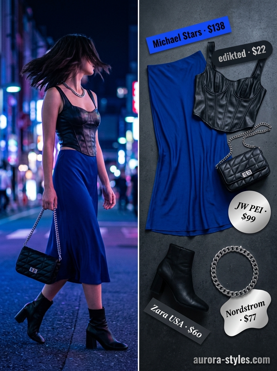 Cobalt blue satin skirt with black corset top for a chic summer party outfit for women 2026.