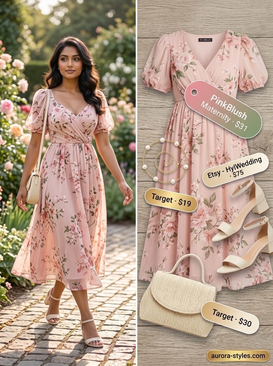 Blush pink floral midi dress with cream sandals and straw bag for a garden party outfit for women 2026.