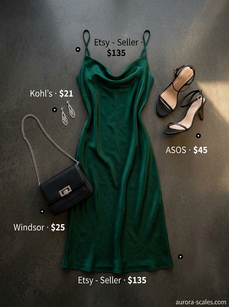 Sophisticated summer party outfit for women 2026: Emerald green slip dress, black sandals, silver earrings.
