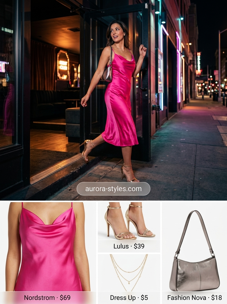 Hot pink slip dress with gold necklaces and nude sandals for a bold summer party outfit for women 2026.