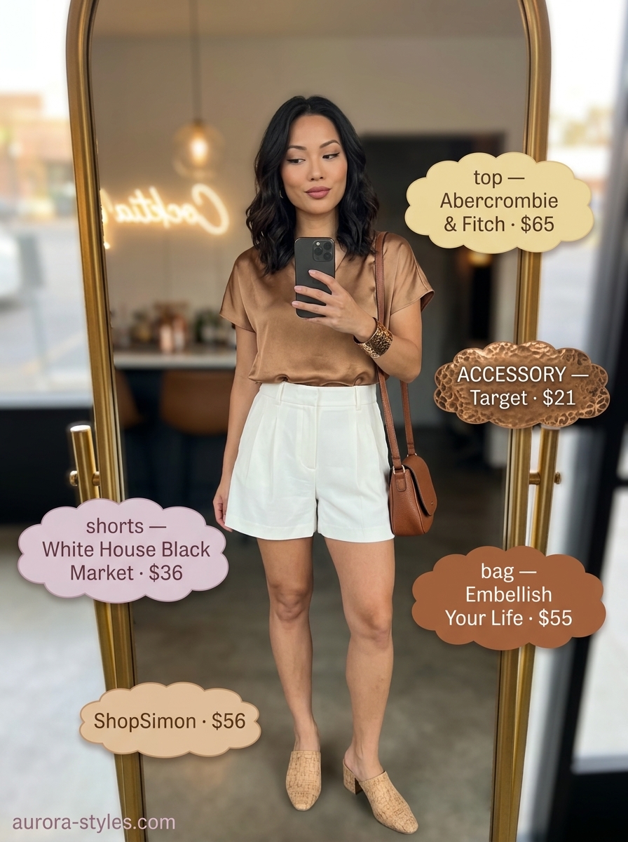 Sophisticated summer party outfit for women 2026: Ivory shorts, champagne satin blouse, bronze mules, gold cuff.