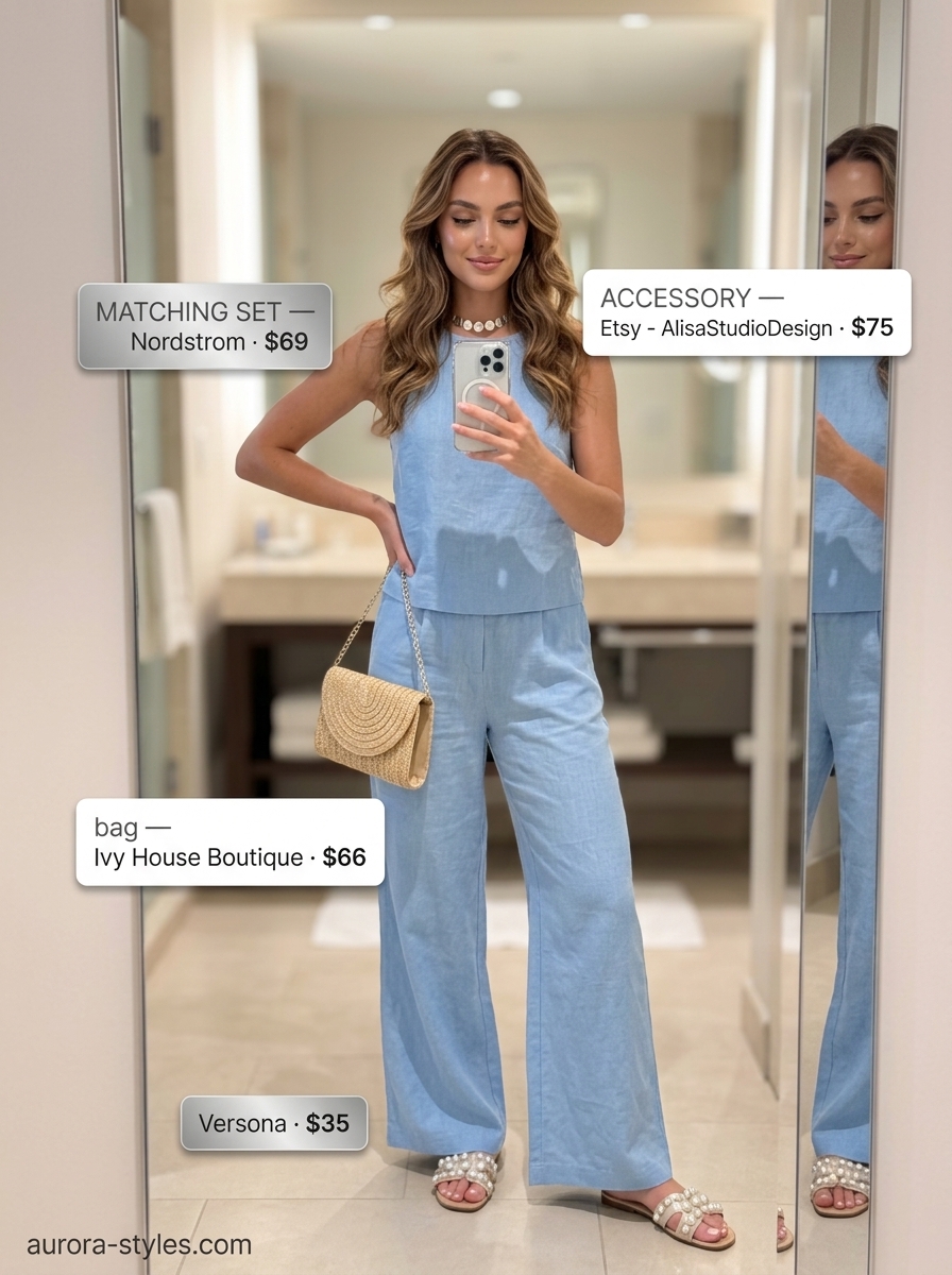 Sky blue linen matching set with silver jewelry for a Mediterranean summer party outfit for women 2026.