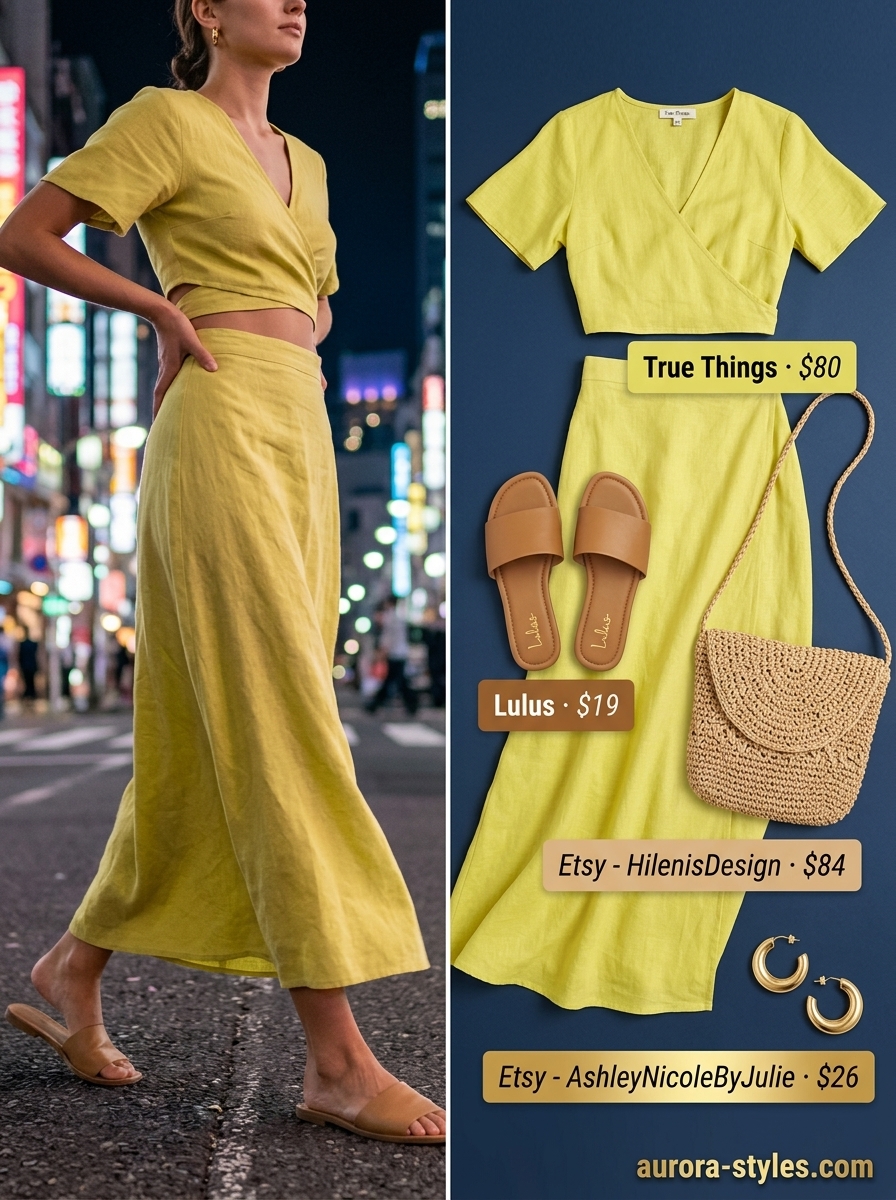 Fun summer party outfit for women 2026: Orange linen set, tan slides, gold hoops, raffia bag.