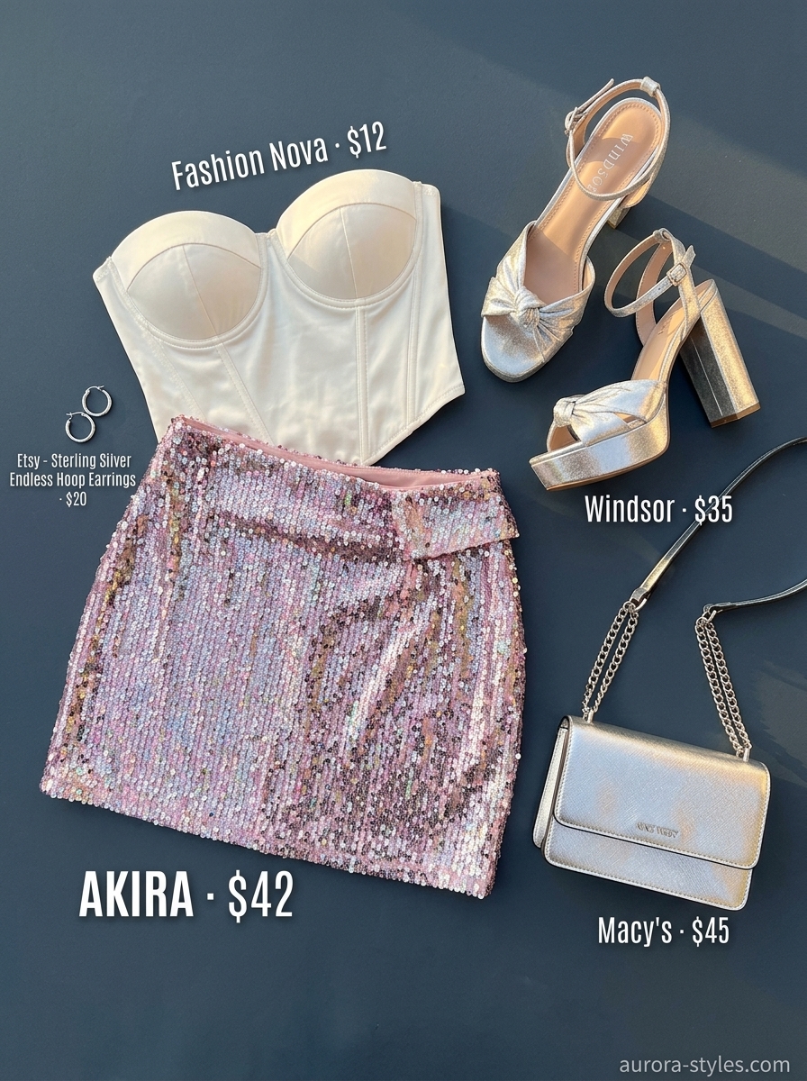 Glamorous summer party outfit for women 2026: Pink sequin skirt, white corset top, silver platform heels.