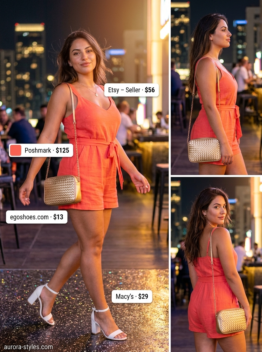 Coral orange romper with gold accessories for a playful summer party outfit for women 2026.