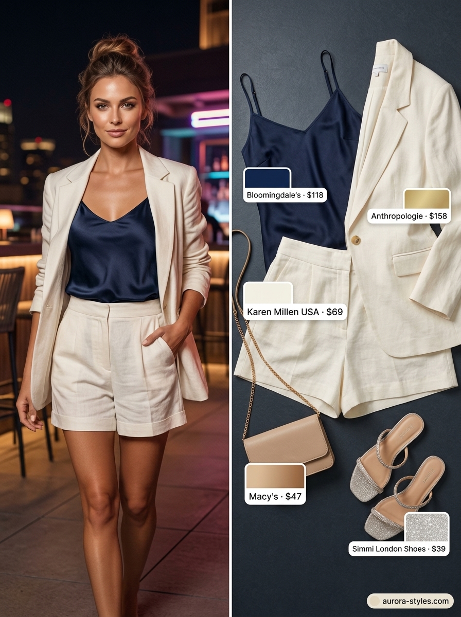 Navy linen shorts with ivory silk cami and linen blazer for a chic summer party outfit for women 2026.