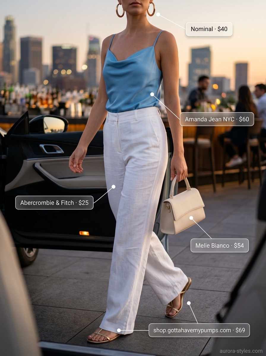 White linen pants with azure blue cami and gold hoops for a sophisticated summer party outfit for women 2026.
