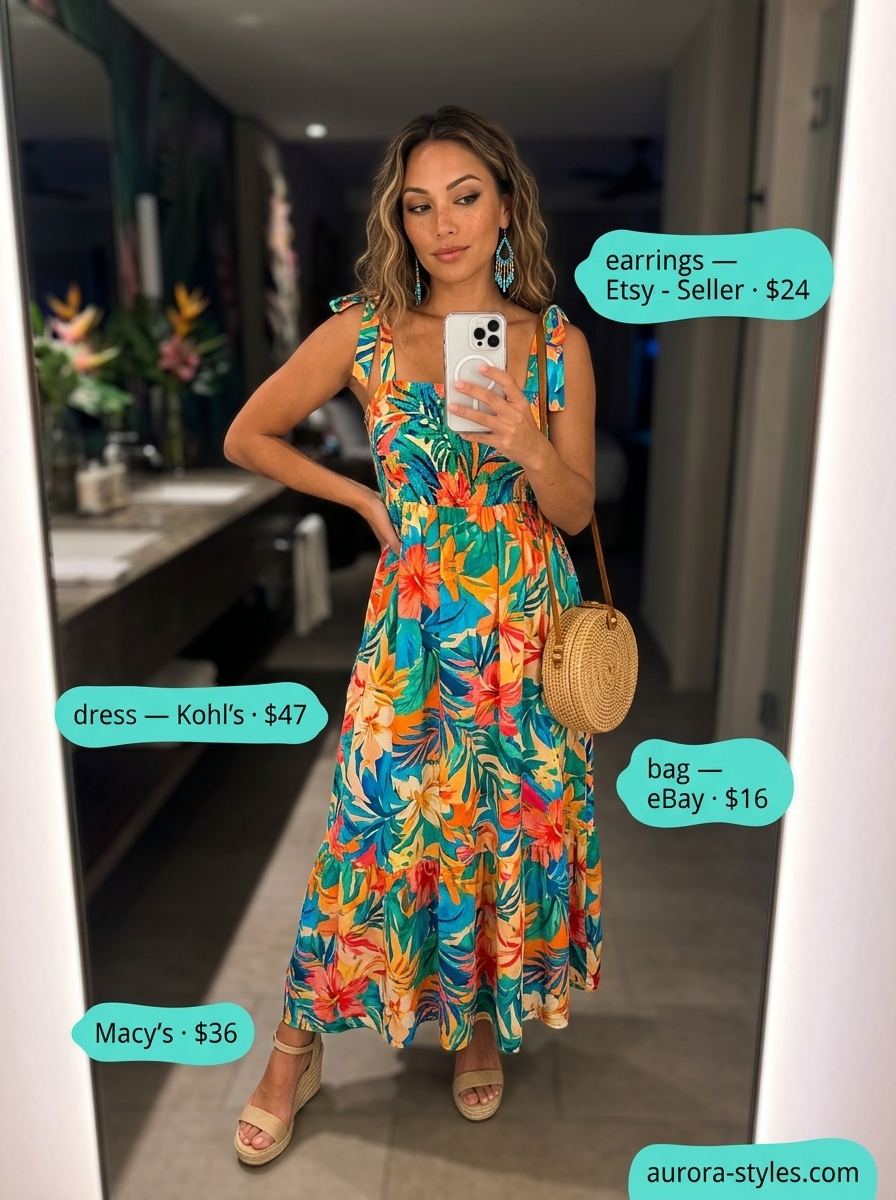 Tropical print maxi dress with straw hat and espadrilles for a vacation summer party outfit for women 2026.