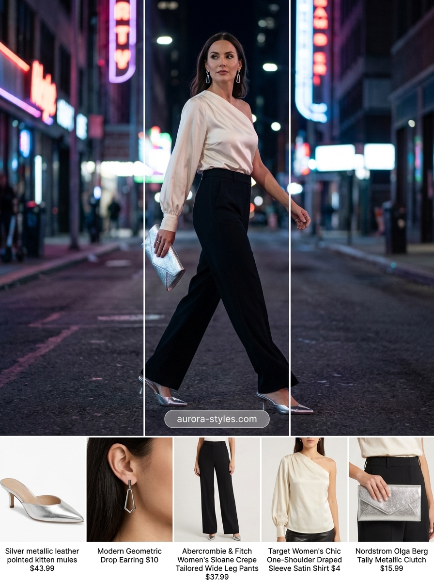 Cream wide-leg pants, black one-shoulder top, and silver clutch for a sophisticated summer party outfit for women 2026.