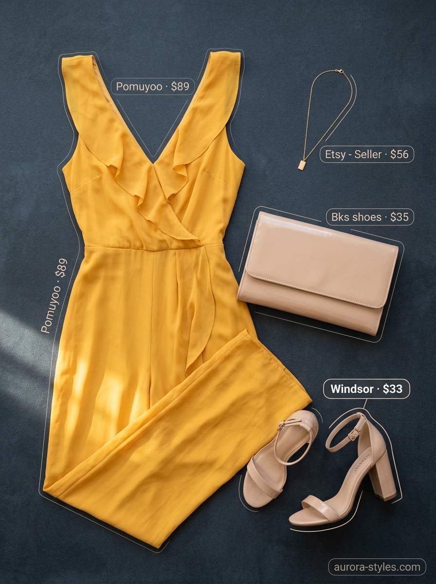 Elegant summer party outfit for women 2026: Marigold yellow jumpsuit, nude block heels, gold necklace.