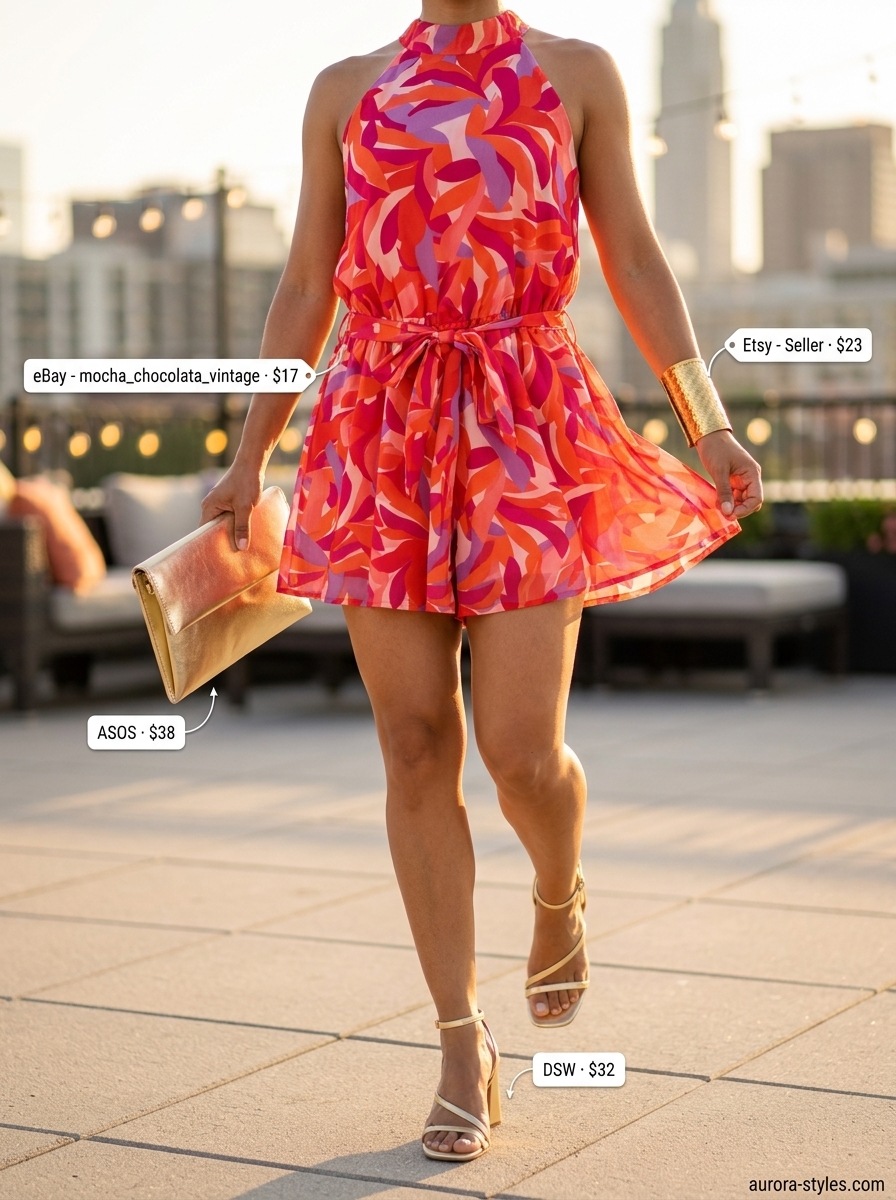 Vibrant coral and magenta abstract print romper outfit for women 2026, perfect for summer parties.