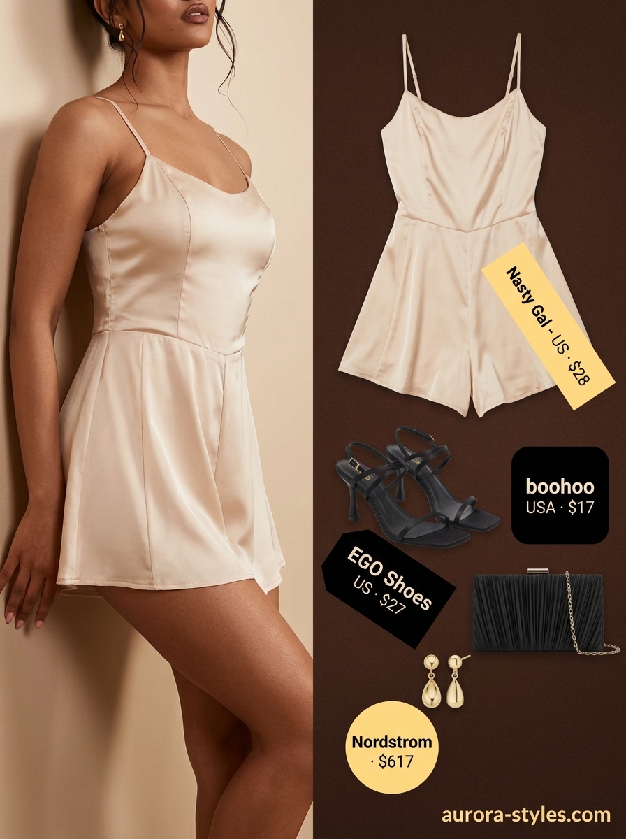Elegant champagne satin slip romper outfit for women 2026, ideal for evening cocktails or date night.