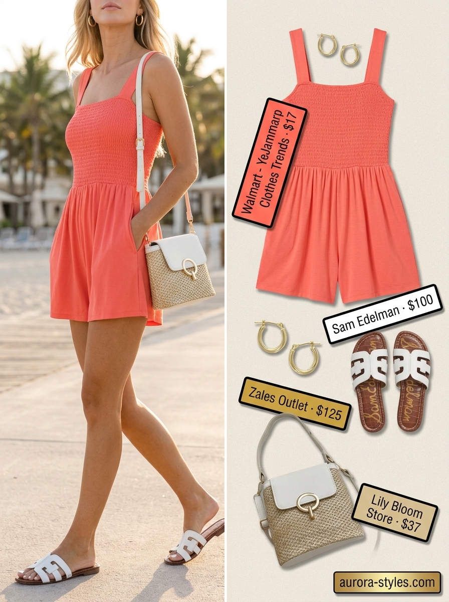 Bright coral smocked romper outfit for women 2026, perfect for vacation sightseeing and beach resorts.