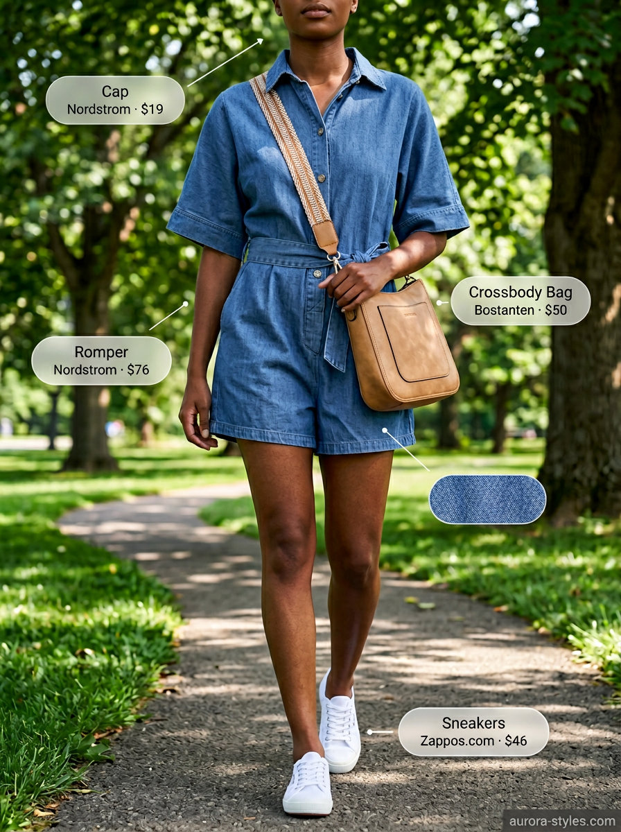 Classic denim romper outfit for women 2026, perfect for weekend errands and casual outings.