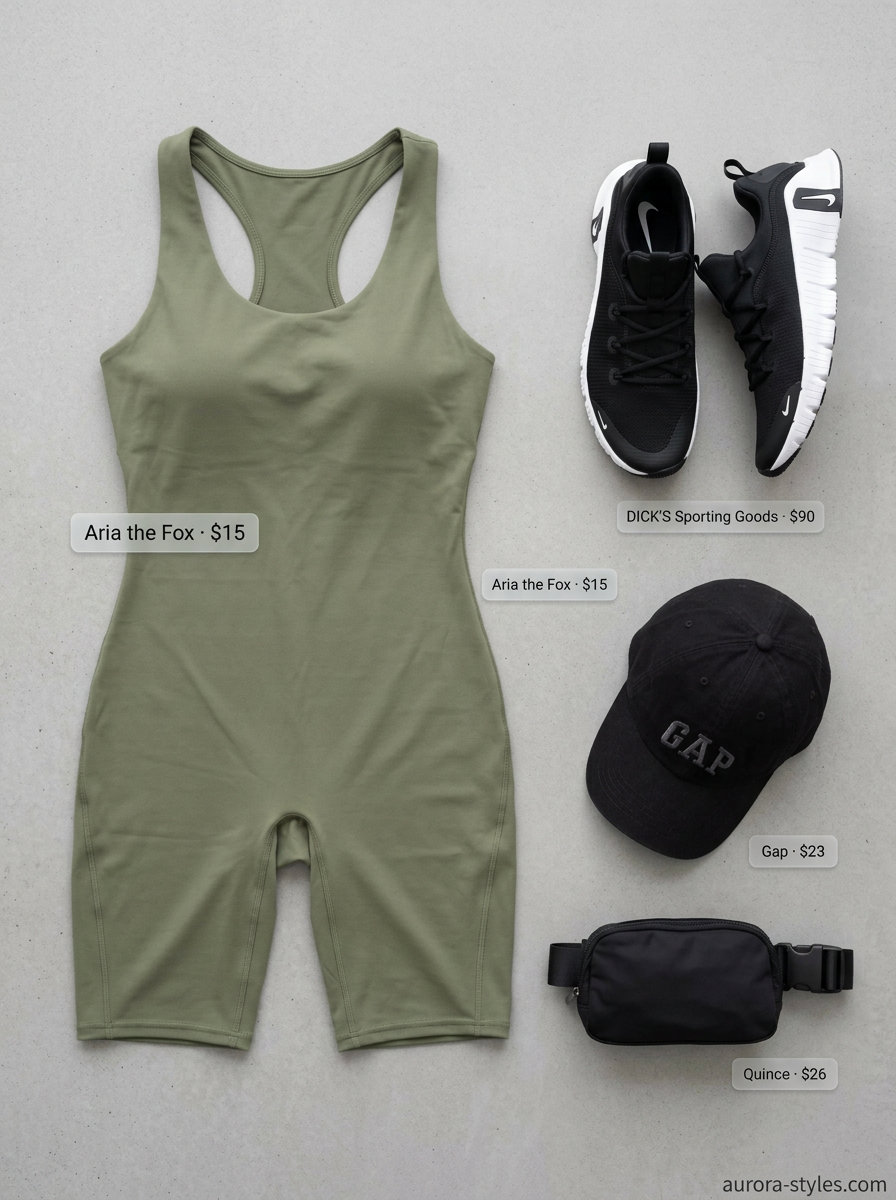 Practical olive green athletic romper outfit for women 2026, great for light hikes and errands.