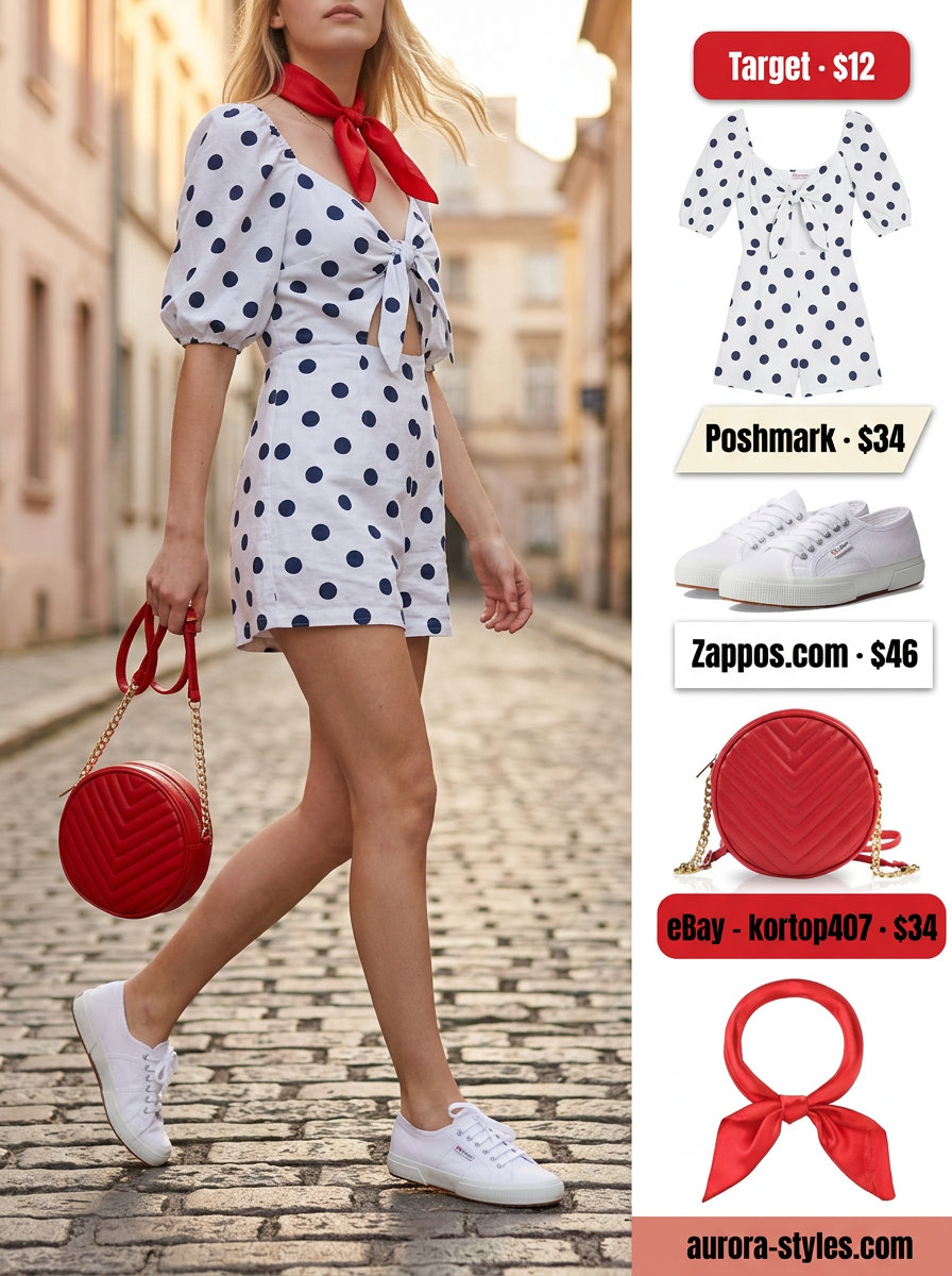 Retro navy polka dot romper outfit for women 2026, perfect for daytime outings and casual picnics.