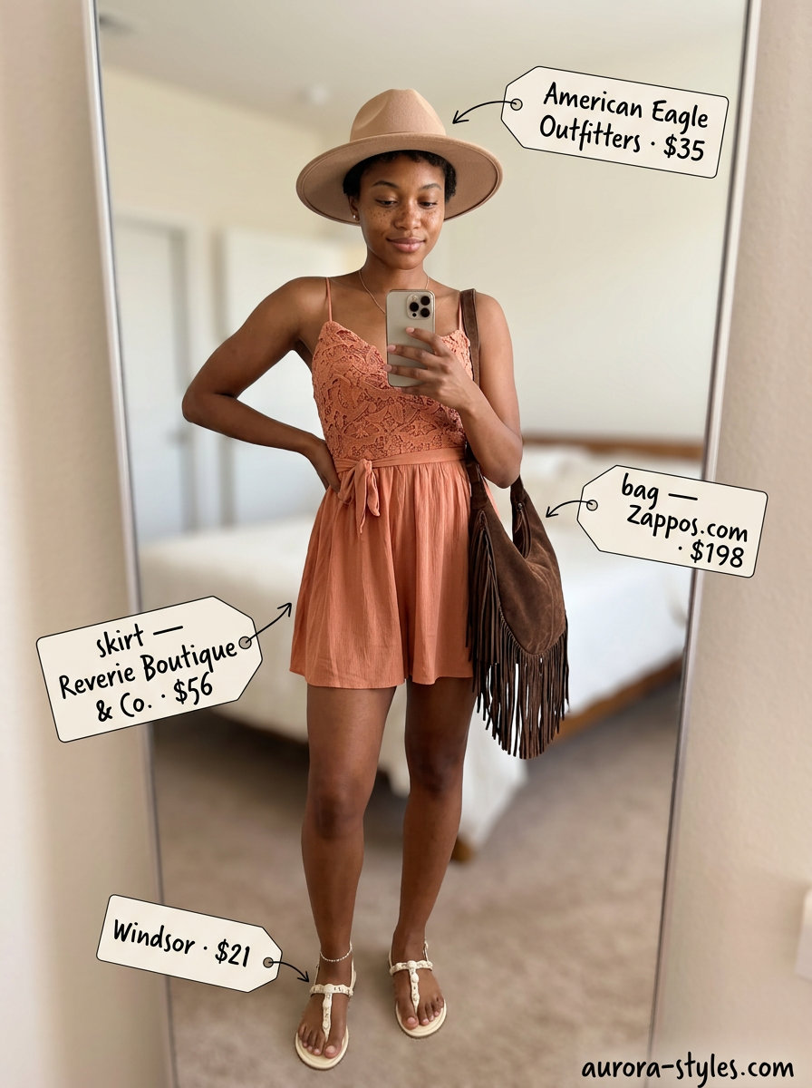 Terracotta crochet romper, felt hat, suede crossbody bag, and embellished sandals for boho summer romper outfits for women 2026.