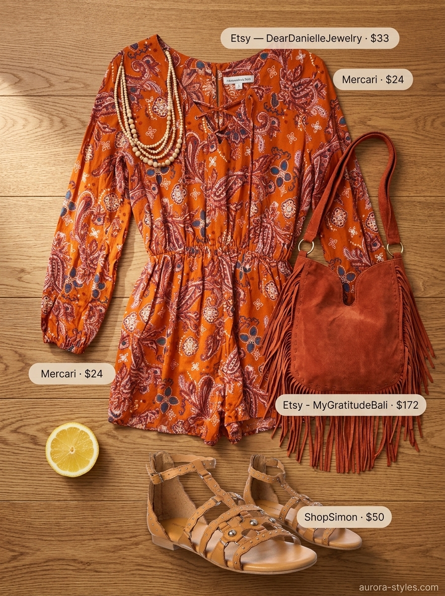 Teal paisley romper with crochet trim, rust orange fringe bag, and gladiator sandals for boho summer romper outfits for women 2026.