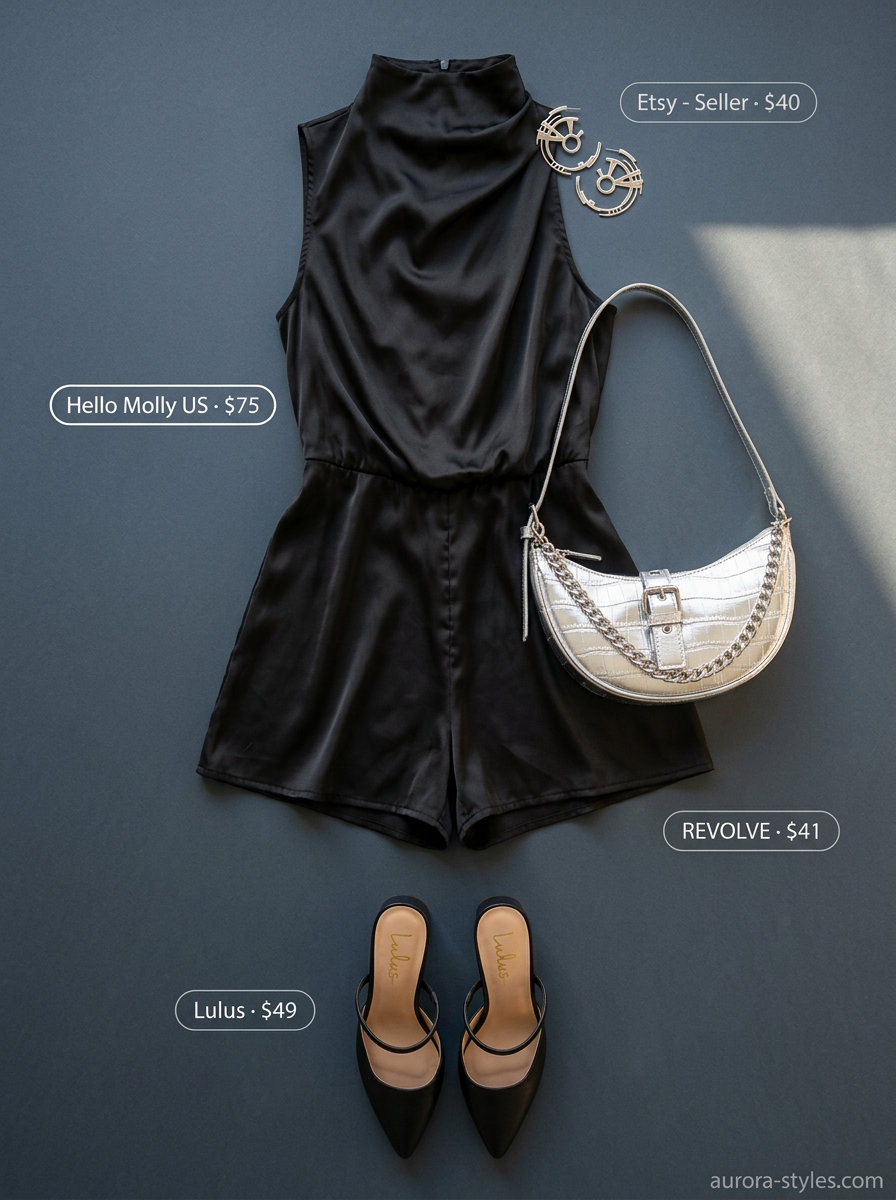 Sophisticated summer romper outfits for women 2026: Black satin wide-leg romper with silver hoops & heeled mules for evenings.