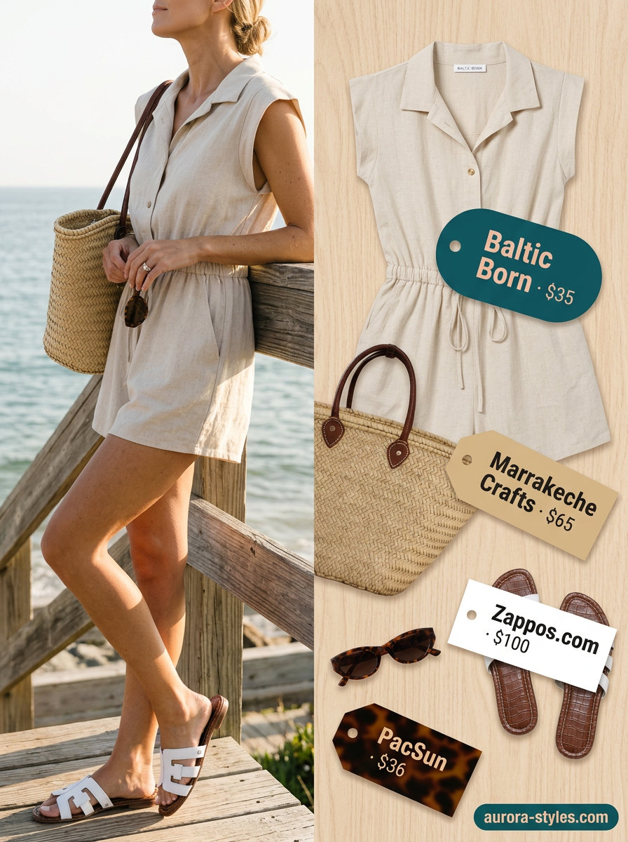 Effortless summer romper outfits for women 2026: Sand linen romper with straw tote, white slides & sunglasses for beach days.