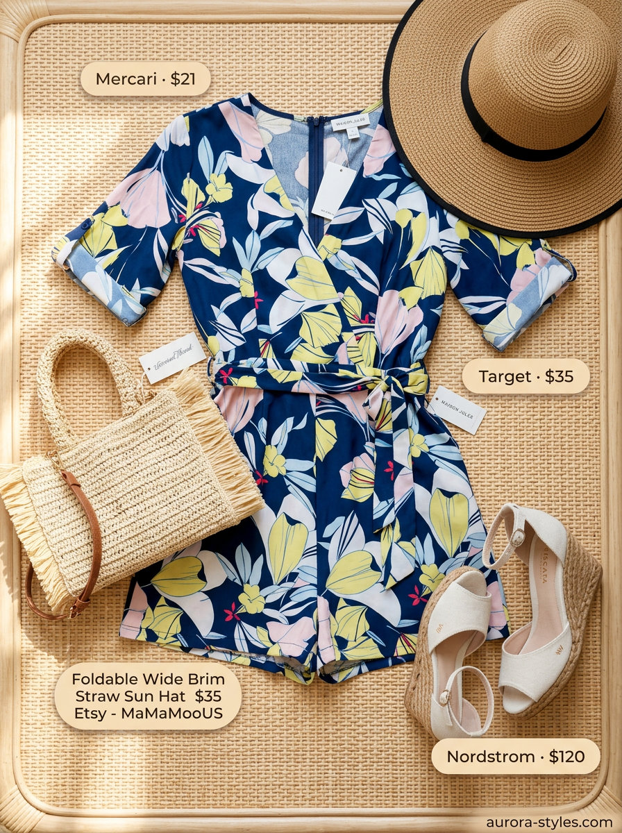 Romantic summer romper outfits for women 2026: Pastel floral romper with straw hat & espadrilles for garden parties.