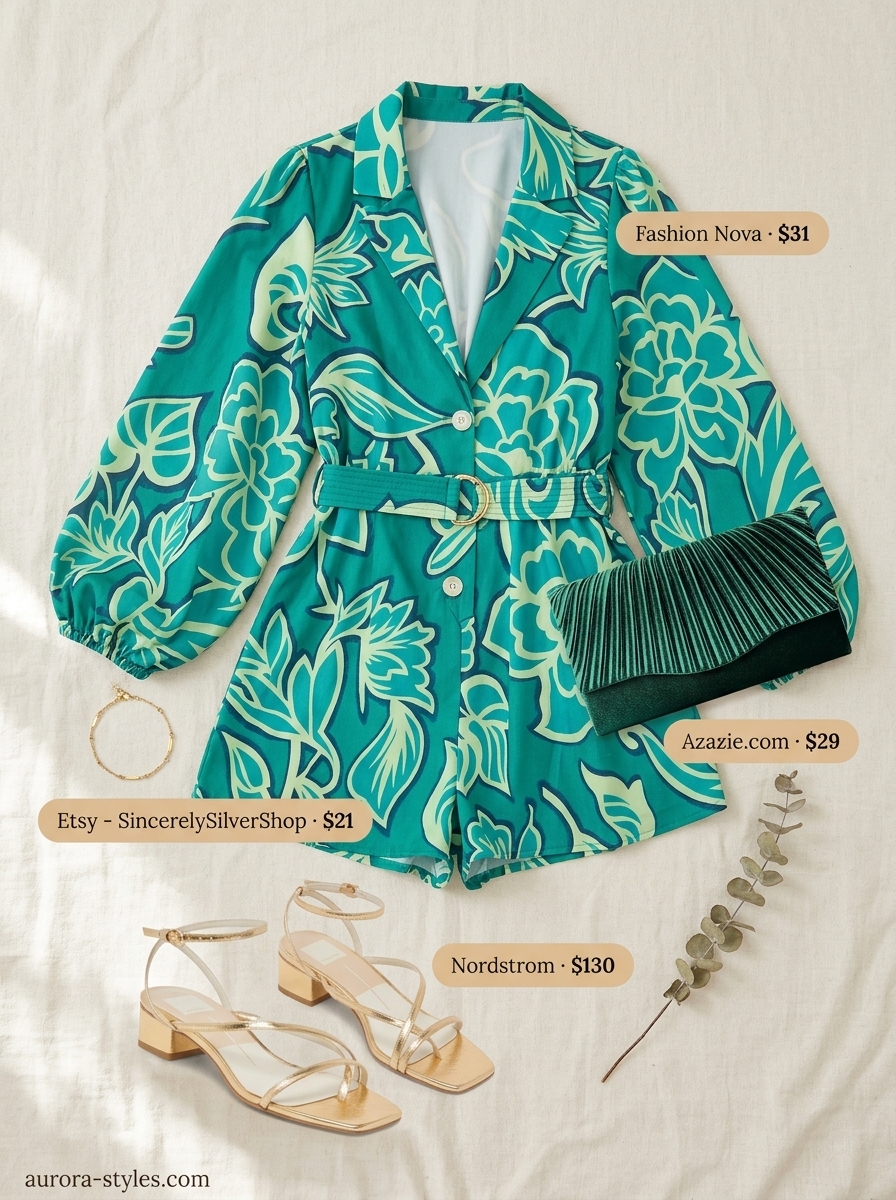 Coral floral romper with wrap front, emerald green clutch, and gold block heels for garden party summer romper outfits for women 2026.