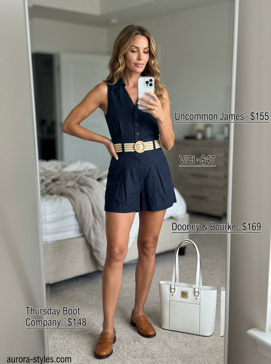 Polished summer romper outfits for women 2026: Navy linen romper with penny loafers, tote bag & gold bracelet for smart casual.