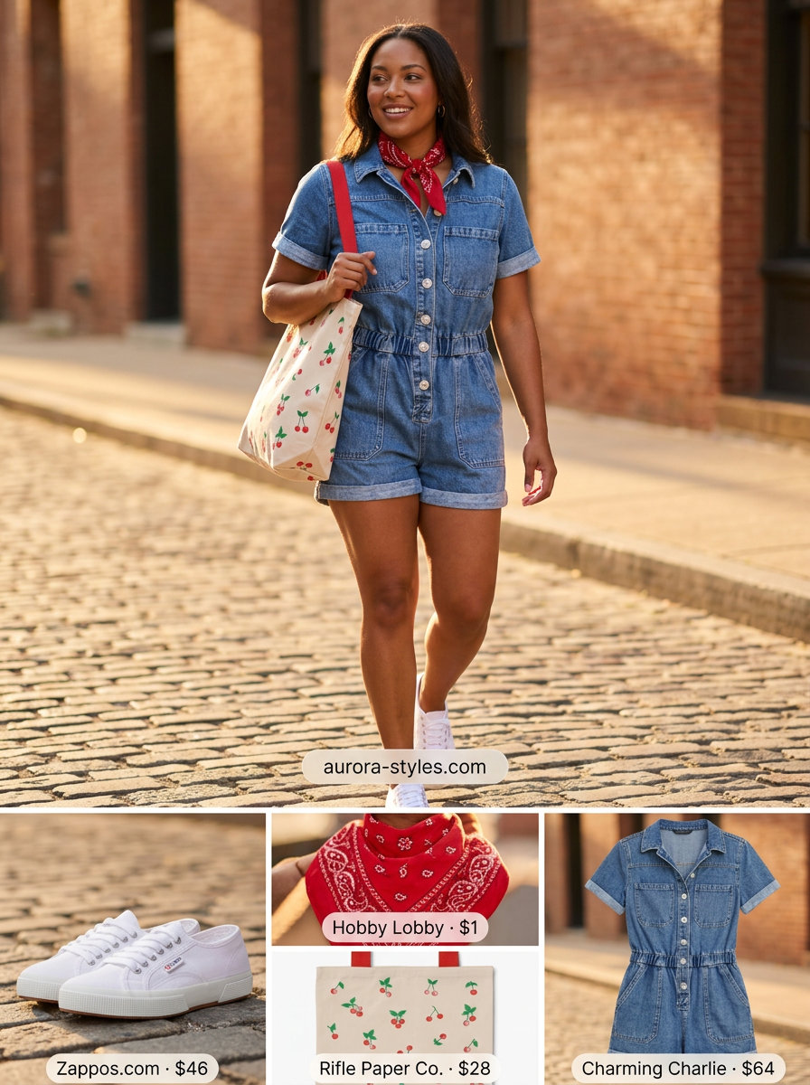 Cool summer romper outfits for women 2026: Denim romper with canvas tote, sneakers & bandana for casual day outs.
