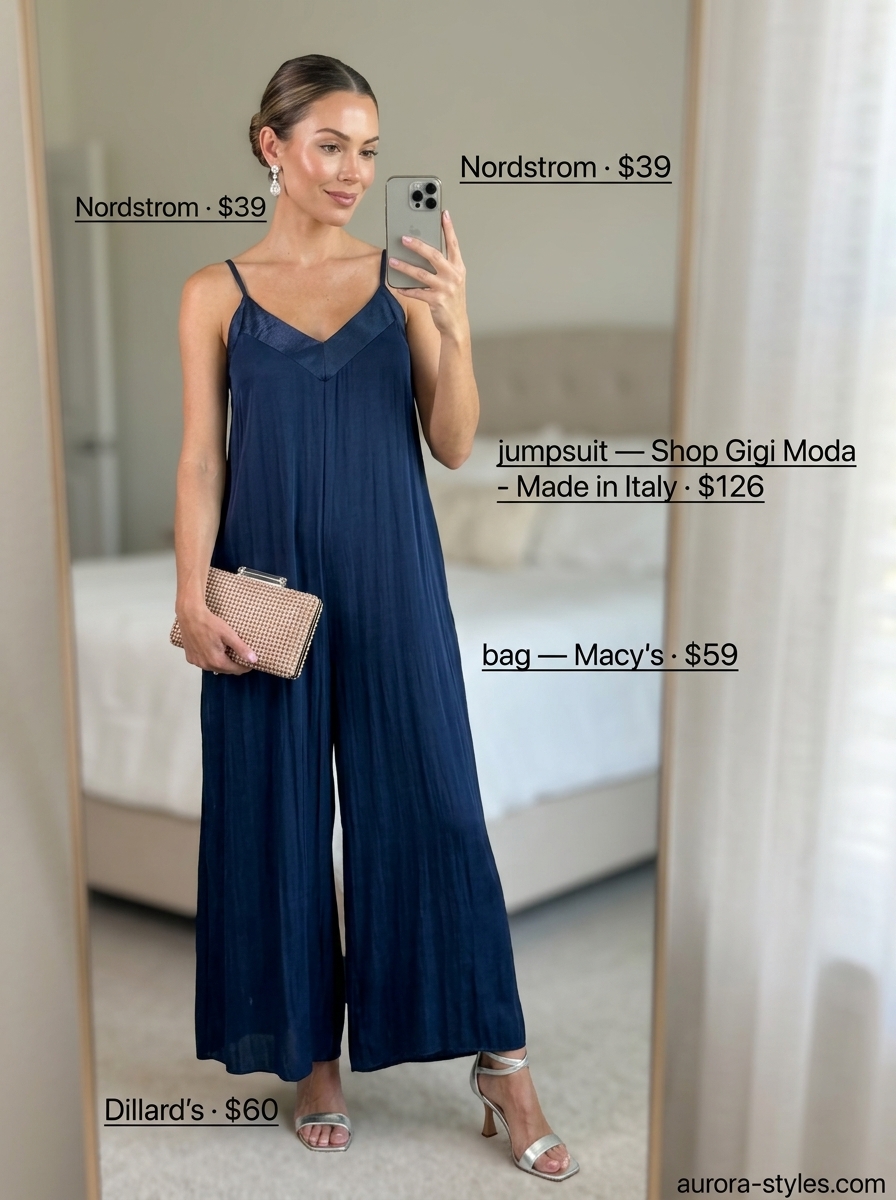 Navy blue satin wide-leg romper, embellished clutch, and strappy heels for glamorous summer romper outfits for women 2026.