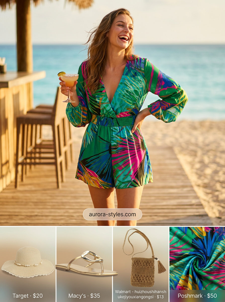 Vibrant summer romper outfits for women 2026: Tropical print romper with floppy hat & metallic sandals for vacation.