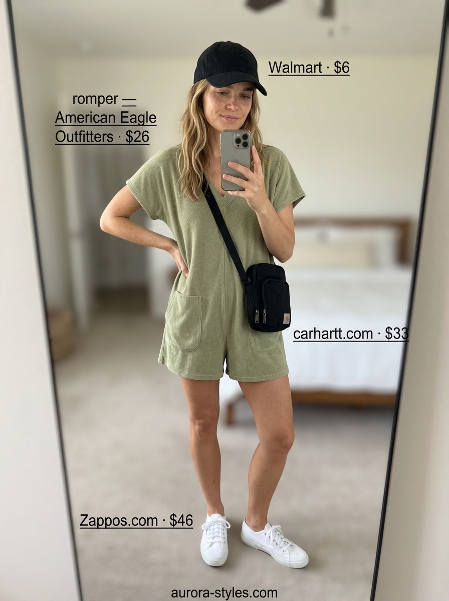Olive green jersey romper, black crossbody bag, white sneakers, and baseball cap for casual summer romper outfits for women 2026.
