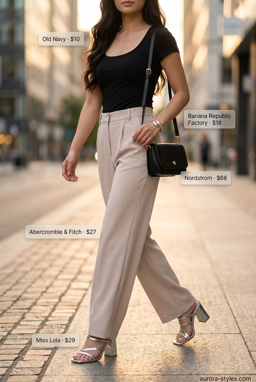 Summer Scoop Neck outfits for women 2026: Beige wide-leg pants, black scoop neck bodysuit, block heel mules for urban chic.