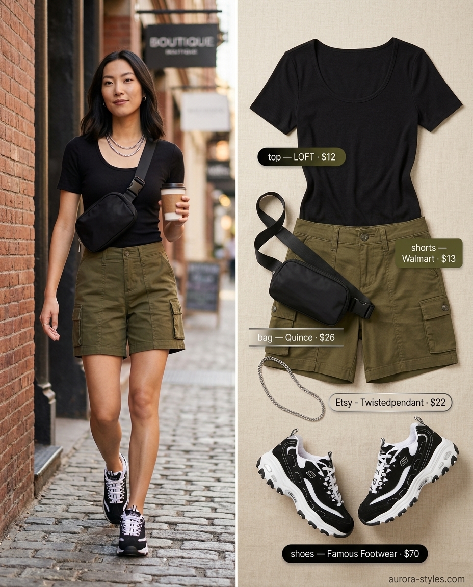 Urban explorer cargo shorts outfit for women 2026. Features olive green shorts, white scoop neck tee, and chunky sneakers for a casual, edgy look.