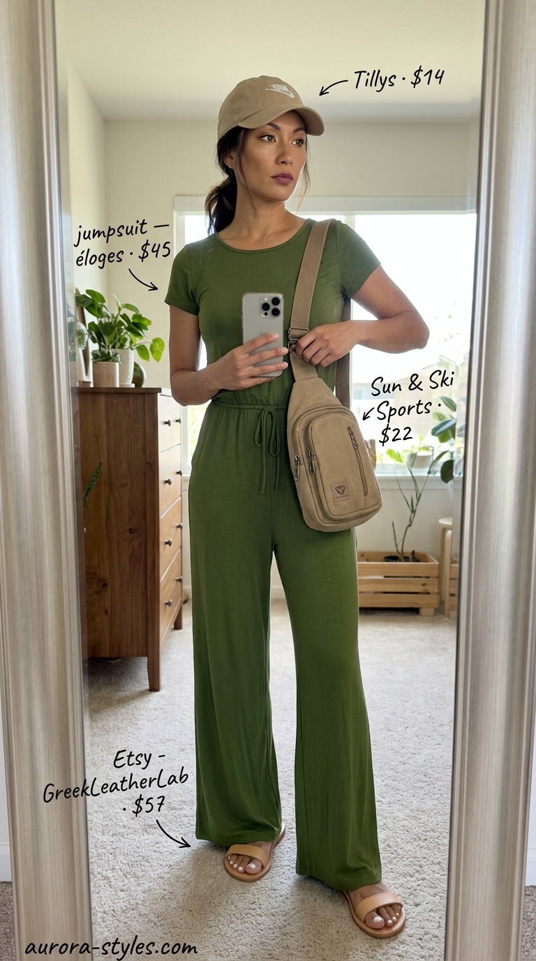 Casual Summer Jumpsuit: Olive green scoop neck jumpsuit, crossbody bag, and sandals. Summer Scoop Neck outfits for women 2026.