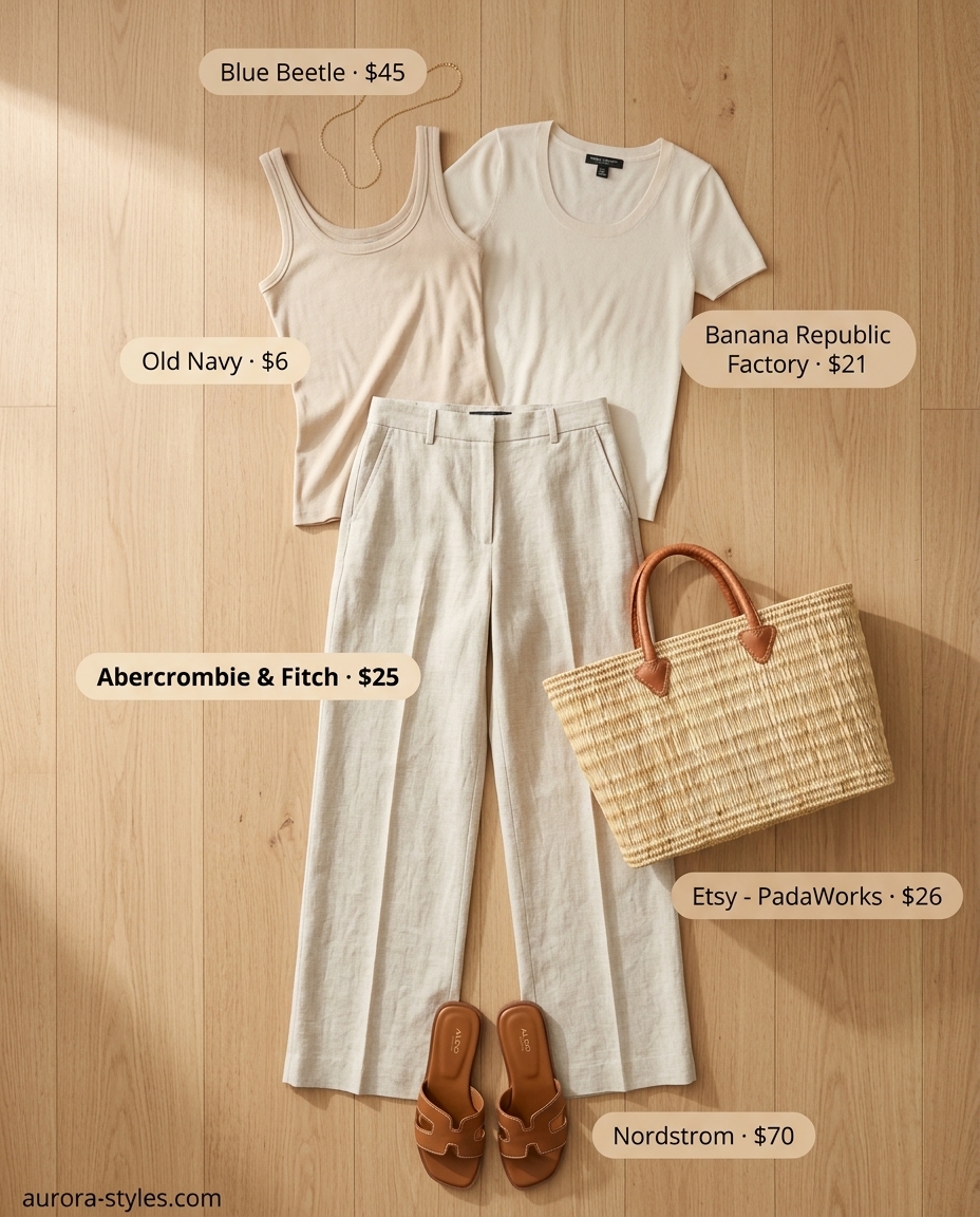 Coastal Breeze: Cream scoop neck tank, linen pants, and slide sandals. Summer Scoop Neck outfits for women 2026.