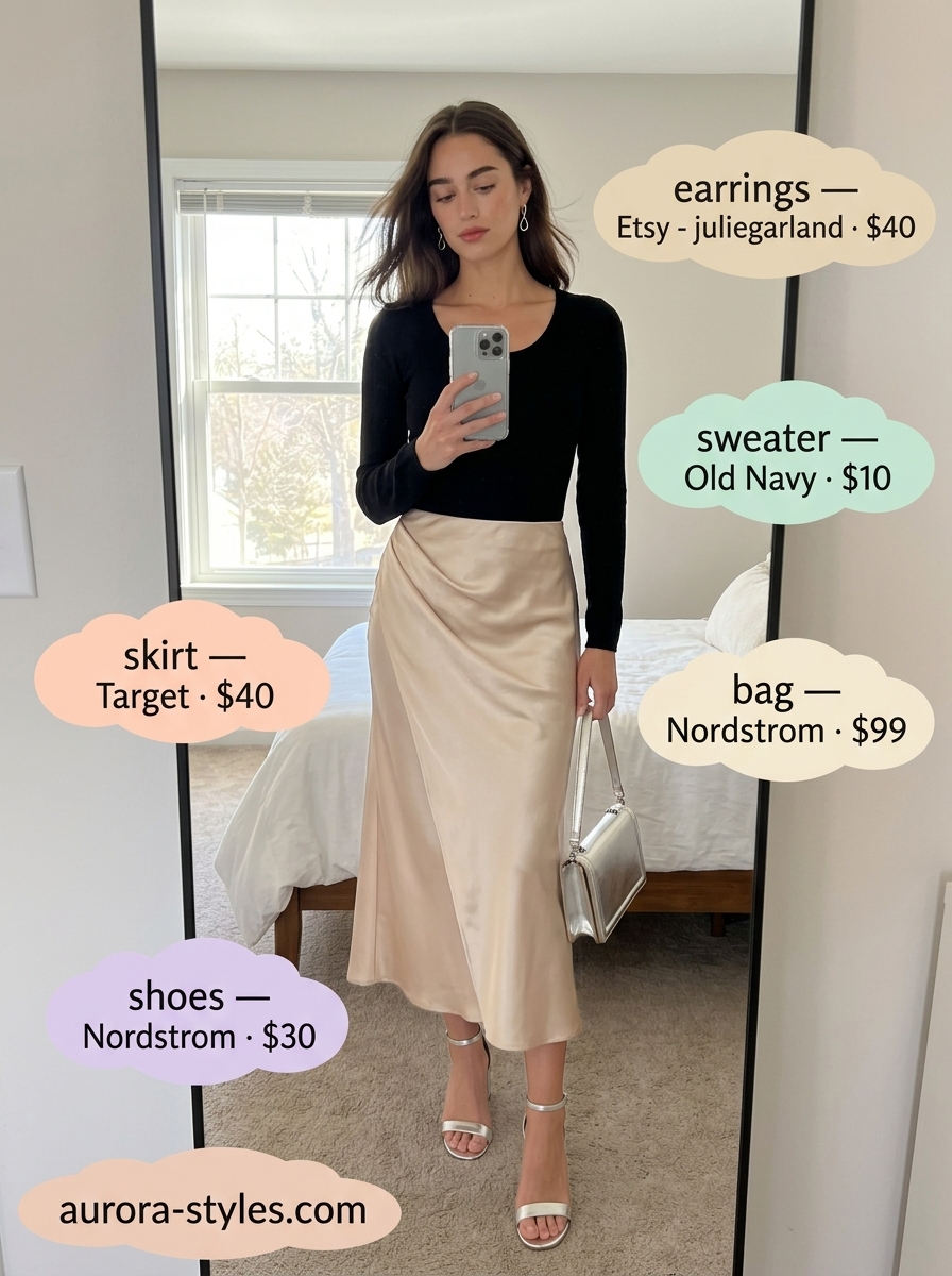 Date Night Romance: Black scoop neck top, champagne satin skirt, and heels. Summer Scoop Neck outfits for women 2026.