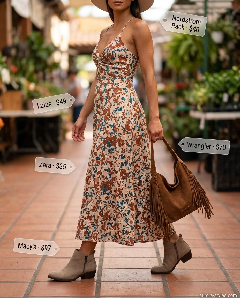 Summer Scoop Neck outfits for women 2026: Floral maxi dress, suede ankle boots, felt hat for boho festival style.