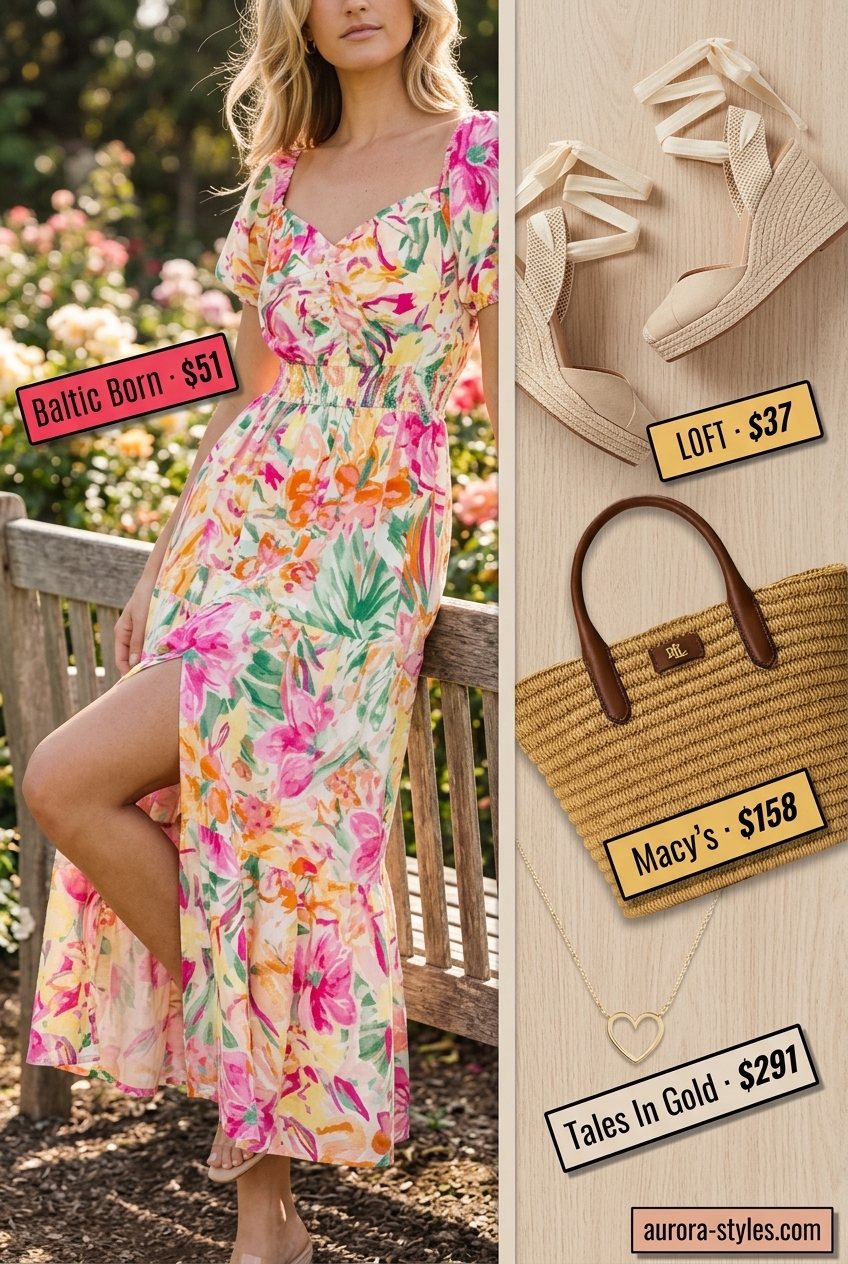 Summer Scoop Neck outfits for women 2026: Pastel floral midi dress, espadrille wedges for garden party.