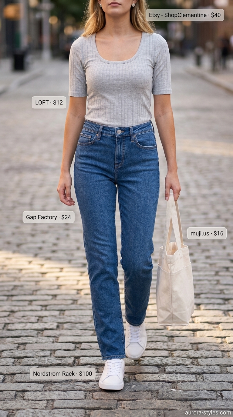 Casual Friday jeans outfit for women 2026. Grey scoop neck tee with straight-leg jeans, white sneakers, and canvas tote for a classic look.