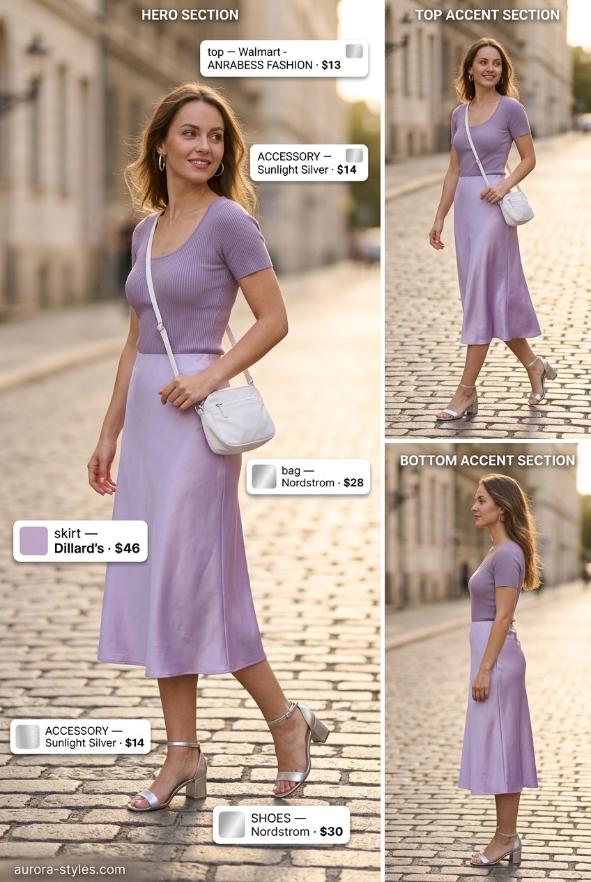 Monochrome lavender midi skirt outfit for women 2026. Features a scoop neck knit top and flowy skirt with silver sandals and hoop earrings.