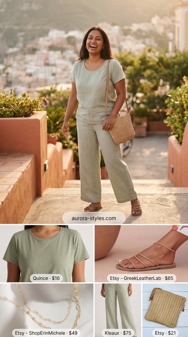 Coastal breeze linen set outfit for women 2026. Sage green scoop neck crop top and wide-leg pants with leather sandals and layered necklaces.